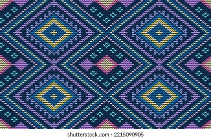 Vector cross stitch geometric background, Knitted ethnic pattern, Embroidery abstract Navajo style, Full color pattern geometry horizontal, Design for textile, fabric, cloth, print, wall art