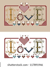 Vector Cross stitch pattern with "LOVE" word and sheep. Embroidery. 