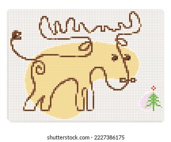 Vector cross stitch pattern. The scheme of the New Year's elk and Christmas tree. Template for handmade. Pixel drawing of an animal and spruce on a checkered sheet
