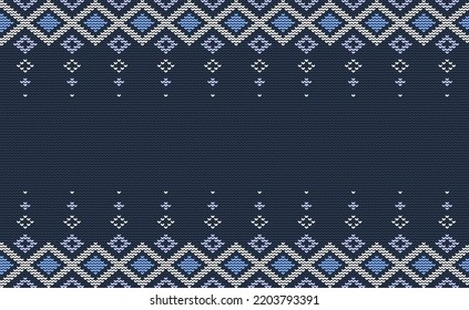 Vector cross stitch square background, Knitted ethnic pattern, Embroidery traditional african style, White and blue pattern yarn abstract, Design for textile, fabric, carpet, graphic illustration