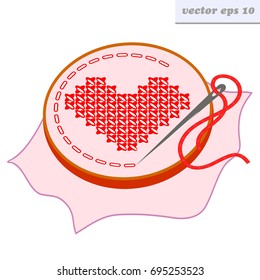 Vector cross stitched red heart with embroidery frame.Isolated on white background. Emblem or logo for hand craft studio, school, textile and paper print, decoration for book.