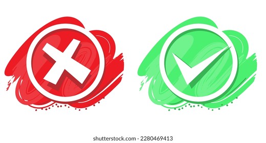 Vector Cross and Tick, Yes and No, True and false, accept and reject symbols  for evaluation on brush red and green background