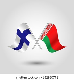 vector crossed finnish and byelorussian flags on silver stick - symbol of finland  and belarus