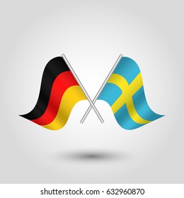 vector crossed german and swedish flags on silver stick - symbol of germany and sweden