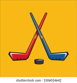 Vector crossed hockey red and blue sticks and puck icon set isolated on orange backgound. vector hockey label or emblem design template