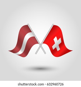 vector crossed latvian and swiss flags on silver pole - symbol of latvia and switzerland