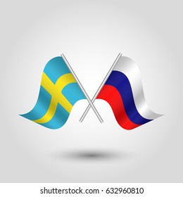 vector crossed swedish and russian flags on silver sticks - symbol of sweden and russia
