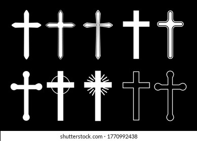 Cruces vectoriales dibujadas con pintura blanca. Los contornos del crucifijo de varias formas. Símbolo cristiano. Crucifijo católico.