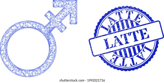 Vector crossing mesh alternate gender symbol wireframe, and Latte blue rosette scratched stamp seal. Wire carcass net illustration designed with alternate gender symbol icon,
