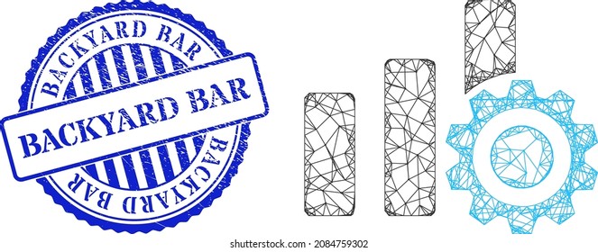 Vector crossing mesh bar chart settings wireframe, and Backyard Bar blue round dirty stamp. Crossed carcass net symbol designed with bar chart settings icon, generated with crossed lines.