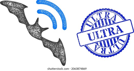 Vector crossing mesh bat ultrasound frame, and Ultra blue rosette textured seal print. Crossed frame network symbol created from bat ultrasound icon, is made from crossed lines.