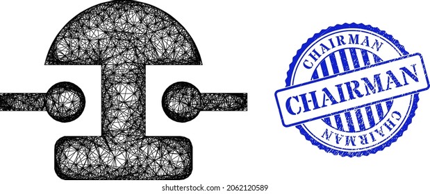 Vector crossing mesh bell model, and Chairman blue rosette dirty stamp. Hatched frame net symbol designed with bell icon, created with crossing lines.