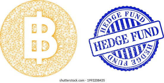 Vector crossing mesh bitcoin coin frame, and Hedge Fund blue rosette corroded seal. Crossed frame network symbol created from bitcoin coin pictogram, created with crossed lines.