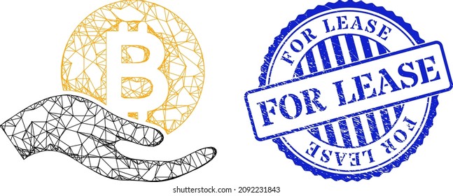 Vector crossing mesh bitcoin donation hand framework, and For Lease blue round grunge stamp seal. Crossed carcass net symbol designed with bitcoin donation hand icon, generated with crossed lines.