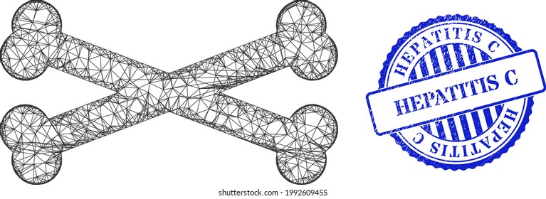 Vector crossing mesh bones frame, and Hepatitis C blue rosette corroded seal. Crossed frame network symbol designed with bones icon, is generated with crossing lines.