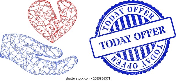La malla cruzada del vector ofrece marco de mano y hoy ofrece sellado de sello redondo azul. Símbolo de red de canal cruzado diseñado con icono de mano de oferta de corazón roto,