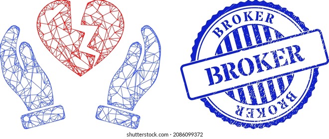 Vector crossing mesh broken heart protection hands carcass, and Broker blue round unclean stamp seal. Hatched carcass net illustration based on broken heart protection hands pictogram,