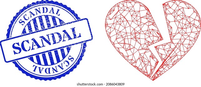 Vector que cruza malla de corazón de amor roto y sello corroido redondo azul escandalo. Ilustración de la red de la canal de la coraza con icono del corazón del amor roto, hecha con líneas cruzadas.