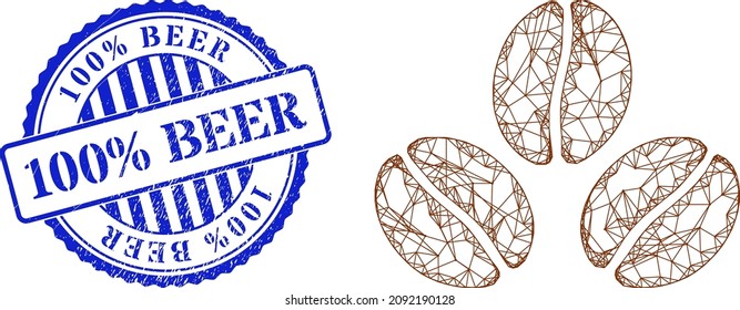 Vector crossing mesh cacao beans frame, and 100 percents Beer blue round grunge stamp. Linear frame net image designed with cacao beans icon, generated with crossed lines.