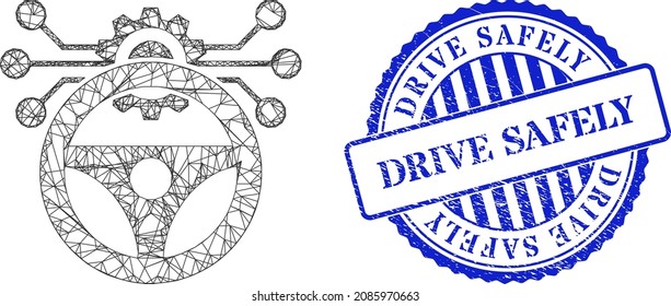 Vector crossing mesh car autopilot scheme model, and Drive Safely blue round scratched badge. Linear carcass network image created from car autopilot scheme icon, is created from intersected lines.
