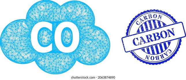 Marco de monóxido de carbono de malla cruzada por vectores y sello sucio de rosette azul carbónico. La imagen neta de marco con manchas creada a partir del pictograma de monóxido de carbono se genera a partir de líneas de cruce.
