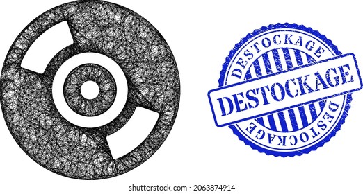 Vector crossing mesh CD disc carcass, and Destockage blue rosette corroded stamp seal. Linear carcass net image created from CD disc icon, is created from crossed lines.