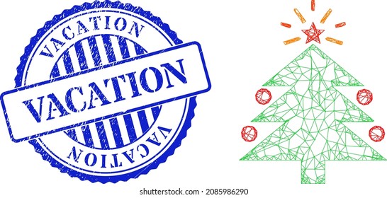 Vector crossing mesh christmas fir tree frame, and Vacation blue round rubber seal. Crossed frame network illustration created from christmas fir tree pictogram, is made from crossed lines.