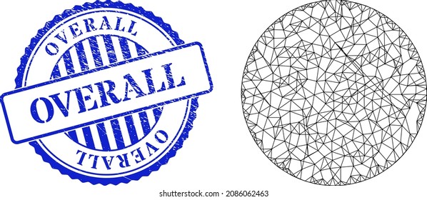 Vector crossing mesh circle frame, and Overall blue round unclean stamp seal. Crossed frame net illustration created from circle icon, is created from intersected lines.