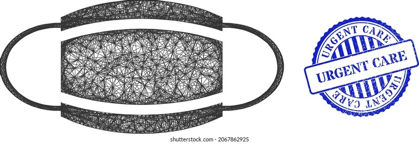 Vector Crossing Mesh Coronavirus Mask Framework, And Urgent Care Blue Rosette Rubber Seal. Crossed Frame Net Illustration Created From Coronavirus Mask Pictogram, Is Created From Crossing Lines.