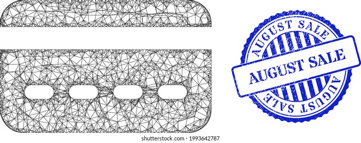 Vector que cruza la carcasa de la tarjeta de crédito de malla y la marca de agua sucia de la roseta azul August Sale. Imagen neta de canal con cubierta diseñada con pictograma de tarjeta de crédito, generada con líneas cruzadas.