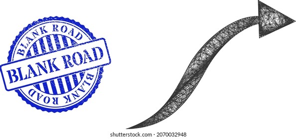 Vector crossing mesh curve arrow carcass, and Blank Road blue rosette textured seal print. Crossed carcass network symbol designed with curve arrow pictogram, is generated with crossing lines.