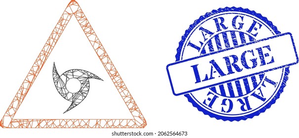 Vector crossing mesh cyclone warning framework, and Large blue rosette grunge stamp seal. Crossed carcass network symbol designed with cyclone warning icon, is generated with crossed lines.