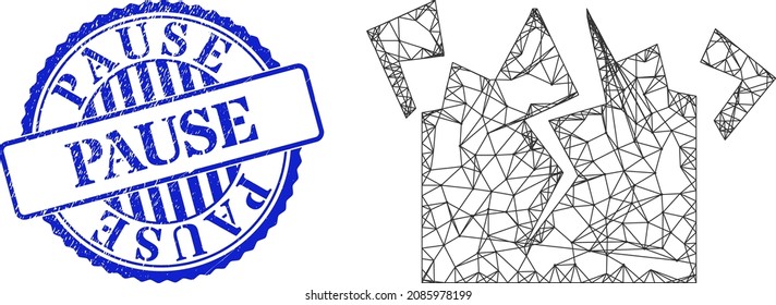 Vector crossing mesh destruction carcass, and Pause blue round rubber stamp seal. Linear frame network image created from destruction pictogram, is created from crossing lines.