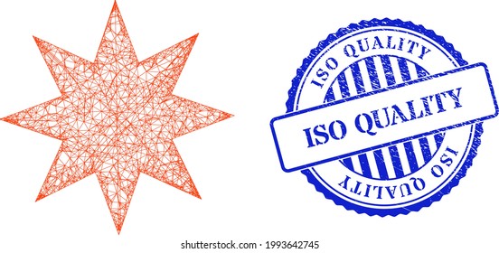 Vector crossing mesh eight pointed star framework, and ISO Quality blue rosette textured stamp seal. Hatched carcass net image designed with eight pointed star pictogram,