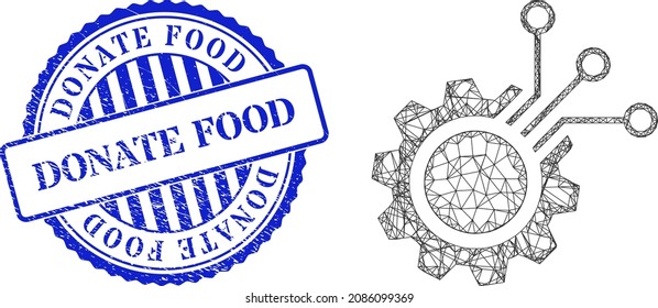 Vector que cruza el marco de engranajes electrónicos de malla, y timbre arañado redondo de color azul Donate Food. La ilustración neta de la canal con cubierta creada a partir del pictograma electrónico de engranajes, se crea con líneas cruzadas.