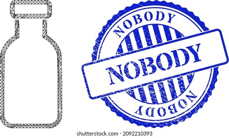 Vector crossing mesh empty vial frame, and Nobody blue round unclean seal. Wire frame net image designed with empty vial icon, made from crossing lines.