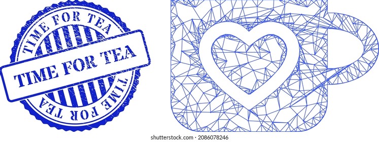 Vector crossing mesh favourite cup frame, and Time for Tea blue round textured seal imitation. Wire frame network symbol designed with favourite cup icon, is created from crossing lines.