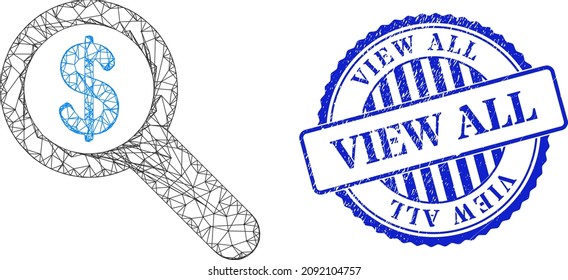 Vector crossing mesh financial audit framework, and View All blue rosette textured stamp seal. Wire carcass net image created from financial audit icon, is created from intersected lines.