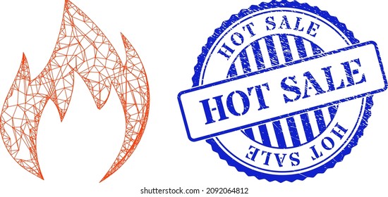 Vector crossing mesh fire flame framework, and Hot Sale blue round corroded badge. Crossed carcass net symbol created from fire flame pictogram, is created from crossed lines.