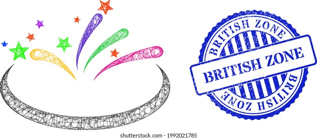 Vektorüberqueren Maschenrahmen und britischer Zone blauer Rosette strukturierter Robbendruck. Gekreuzte Bild-Netz-Illustration erstellt aus Fireworks Bereich Symbol, erstellt mit intersektierten Linien.