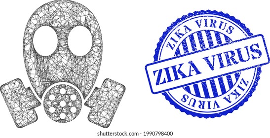 Vector que cruza el marco de máscara de gas de malla y el sello sucio de la roseta azul del virus Zika. Ilustración de red de cuadro con casco creada a partir del pictograma de máscara de gas, creado a partir de líneas cruzadas.