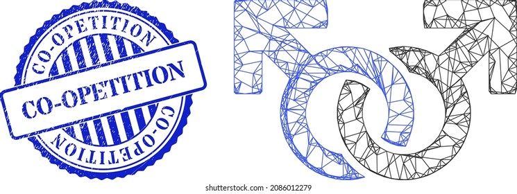 Vektorkreuz über Maschenpaar Symbol Modell und Co-Opetition blau rund gekratzte Robbenimitation. Das Symbol des Schlachtkörpernetzes wurde mit Piktogramm für homosexuelle Paare entworfen und mit Kreuzungslinien erstellt.