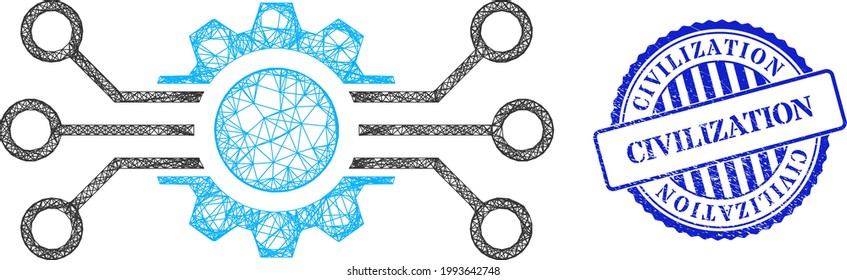 Vektorkreuz-Modell mit Maschendraht und Zivilisationsblaue Rosette-Grunge-Stempelsiegel. Netztuch-Illustration mit Schaltkreisbildsystem, erzeugt mit Kreuzlinien.