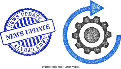 Vector crossing mesh gear rotation model, and News Update blue rosette unclean stamp. Wire frame net symbol created from gear rotation icon, made from crossing lines.