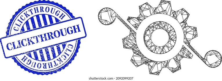 Vector crossing mesh gear solution frame, and Clickthrough blue round unclean seal imitation. Wire carcass net symbol created from gear solution pictogram, is created from crossing lines.
