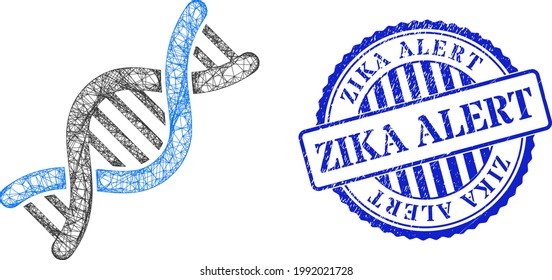 Vector crossing mesh genetic molecule framework, and Zika Alert blue rosette unclean seal print. Wire frame net symbol created from genetic molecule pictogram, is created from crossing lines.