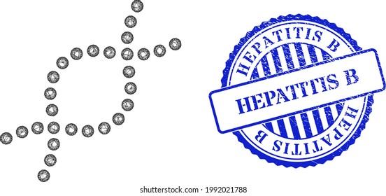 Vector crossing mesh genetic spiral carcass, and Hepatitis B blue rosette rubber seal. Hatched carcass network symbol designed with genetic spiral pictogram, is created with crossed lines.