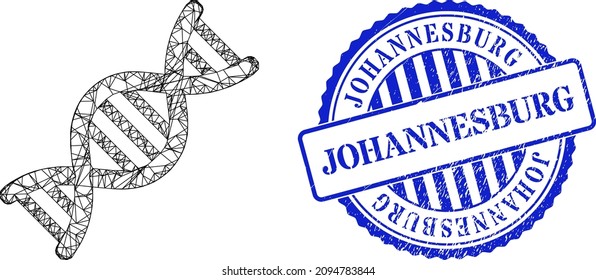 Vector crossing mesh genome molecule model, and Johannesburg blue round unclean stamp. Hatched carcass net image created from genome molecule icon, generated with crossing lines.