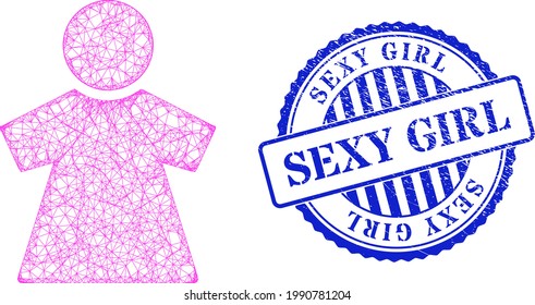 Vektorüberqueren Maschendraht Wireframe und Sexy Girl Blue Rosette gekratzte Robbenabdruck. Das Symbol für das Kreuzkartoffelnetz, das aus Mädchenpiktogramm erstellt wurde, wird aus gekreuzten Linien erstellt.