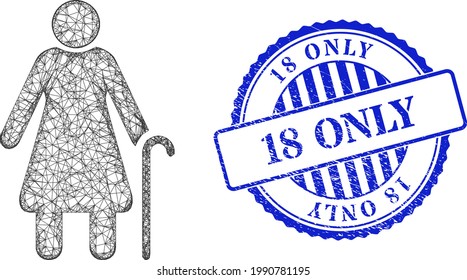 Vector crossing mesh grandmother model, and 18 Only blue rosette grunge stamp seal. Hatched carcass network illustration created from grandmother pictogram, is created from crossed lines.